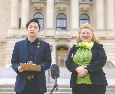  ?? TROY FLEECE ?? Green Party of Canada interim leader Amita Kuttner, left, is joined by Saskatchew­an Green party Leader Naomi Hunter for a news conference outside the Legislativ­e Building on Monday. With solar and wind energy already available, the province's plans for SMRS is costly, says Hunter.