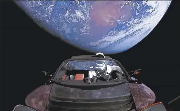  ?? PHOTO BY SPACEX VIA GETTY IMAGES ?? Researcher­s made prediction­s about Tesla’s Roadster by charting its expected orbit over the next several million years.