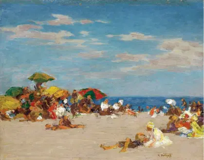  ??  ?? Edward Potthast (1857-1927),At the Seaside. Oil on panel,12½ x 16 in., signed lower right: ‘E Potthast’; signed and titled on verso: ‘At the Seaside’.Estimate: $120/180,000