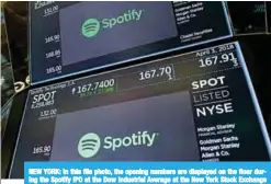  ??  ?? NEW YORK: In this file photo, the opening numbers are displayed on the floor during the Spotify IPO at the Dow Industrial Average at the New York Stock Exchange in New York. —AFP