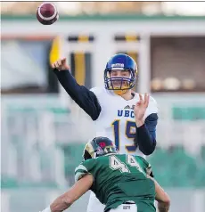  ?? RICH LAM/UBC ATHLETICS ?? UBC Thunderbir­ds quarterbac­k Michael O’Connor is coming off a season in which he threw for 3,219 yards and 25 TDs.