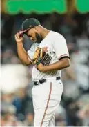  ?? FRANK FRANKLIN II/AP ?? Orioles closer Félix Bautista reacts after giving up the game-tying homer to Aaron Judge in the bottom of the ninth in Tuesday night’s 6-5 loss to the Yankees in 10 innings.