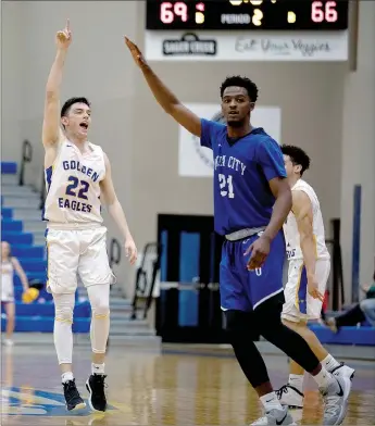  ?? Photo courtesy of JBU Sports Informatio­n ?? Sophomore guard Luke Harper (left) and No. 10 John Brown University host undefeated and No. 2-ranked Mid-America Christian at 7:45 p.m. Thursday at Bill George Arena.