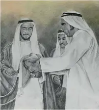  ??  ?? The UAE Royal Flag being formally handed to Sheikh Zayed by Mahdi Al Tajir and raised for the first time on December 2, 1971