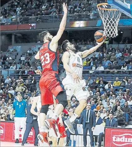  ?? FOTO: GETTY IMAGES ?? Shengelia intentando taponar a Campazzo en un duelo de Euroliga. Madrid y Baskonia vuelven a medirse a partir de hoy