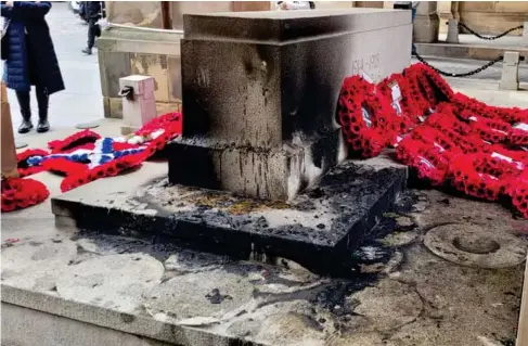  ?? (Edinburgh City Council) ?? The Stone of Rembrance in the Scottish capital yesterday after vandals set wreaths alight