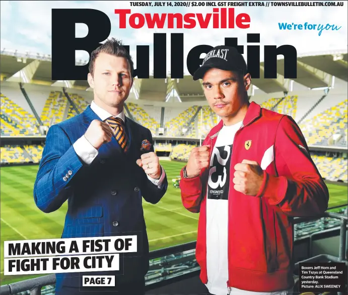  ?? Picture: ALIX SWEENEY ?? Boxers Jeff Horn and
Tim Tszyu at Queensland Country Bank Stadium yesterday.