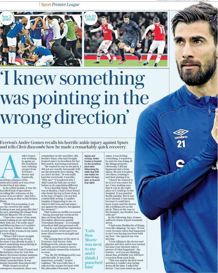  ??  ?? Agony and ecstasy: Andre Gomes is treated on the Goodison pitch after dislocatin­g his ankle (top left) and makes his return 112 days later at Arsenal (top right)