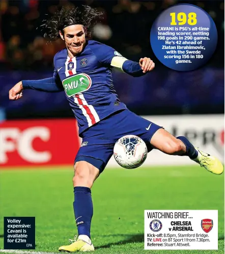  ?? EPA ?? Volley expensive: Cavani is available for £21m
