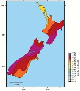  ??  ?? This GNS-produced map shows expected spectral accelerati­on in the next 50 years. It is part of the National Seismic Hazard Model.