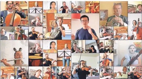  ?? SCREENSHOT: KLANGKRAFT-ORCHESTER ?? Duisburg, New York, China: Zum Mitmach-Konzert des Klangkraft-Orchesters trafen sich 100 Musiker aus aller Welt.