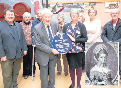  ??  ?? ●●Suze Appleton (front right) hands the Blue Plaque over to Dennis Robinson from Robinson’s Brewery and (inset) Elizabeth Raffald