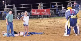  ?? Tyler Williams / Standard Journal ?? As much as bucking broncos and bulls were part of the draw for the Rockmart Pro Rodeo, the entertainm­ent provided by rodeo clowns matters just as much.