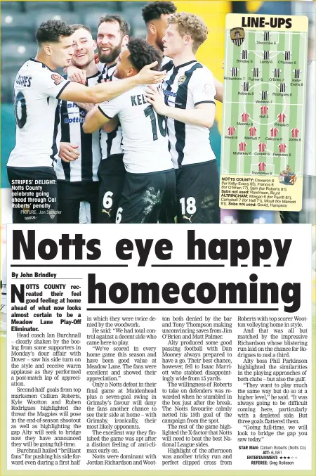  ?? PICTURE: Jon Sumpter ?? STRIPES’ DELIGHT: Notts County celebrate going ahead through Cal Roberts’ penalty