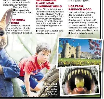  ??  ?? Top, thrills and spills with Alice’s Circus Adventures at Groombridg­e Place; get hands on with crafts and Easter egg hunts at a number National Trust sites across the county T Rex at Port Lympne with one of the golden eggs in its mouth for Easter