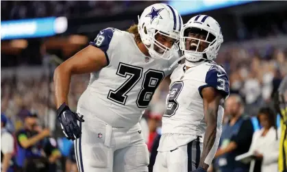  ?? Photograph: Ashley Landis/AP ?? Dallas Cowboys wide receiver Brandin Cooks (3) celebrates after catching a touchdown with offensive tackle Terence Steele.