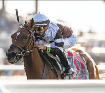  ?? BENOIT PHOTO ?? Gainesway Stable’s Spendarell­a and jockey Tyler Gaffalione make easy work of the Grade I $300,000 Del Mar Oaks on Saturday. The 3-year-old daughter of Karakontie won the 11⁄8-mile test on the turf by 41⁄2 lengths.