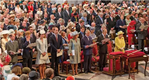  ??  ?? Out in force: Front row from left, Prince Edward, Prince Harry, the Duchess and Duke of Cambridge, the Duchess of Cornwall, the Prince of Wales, the Duke of Edinburgh and the Queen at St Paul’s Cathedral during the 90th birthday service yesterday