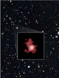  ??  ?? Anciana y remota. Imagen de GN-z11, la galaxia más lejana observada hasta la fecha. Nació cuando el cosmos tenía 400 millones de años, apenas el 3 % de su edad actual.