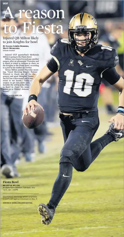  ?? STEPHEN M. DOWELL/ORLANDO SENTINEL ?? Quarterbac­k McKenzie Milton scrambles in UCF’s win against Cincinnati on Nov. 17.