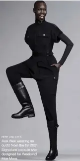  ??  ?? HERE AND LEFT:
Alek Wek wearing an outfit from the fall 2021 Signature capsule she designed for Weekend Max Mara.