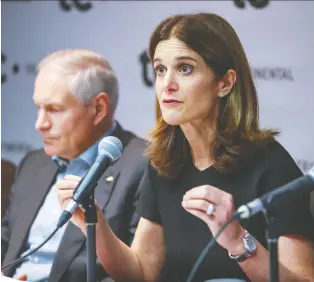  ?? JOHN MAHONEY ?? TC Transconti­nental’s president and CEO Francois Olivier and chair Isabelle Marcoux address a news conference in Montreal on Monday with union leaders and publishers in defence of Publisac.