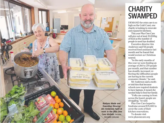  ?? Picture: RICHARD GOSLING ?? Barbara Wade and Executive Director Jim Anderson hard at work in the Plus One Care kitchen.