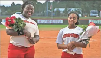  ?? / Contribute­d by Gail Conner ?? Tamera Beeman and Jameia Diamond celebrated their last official home game of 2018 on Senior Night last Thursday, Sept. 20. See more photos of the Lady Bulldogs on B2