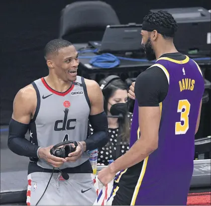 ?? NICK WASS — THE ASSOCIATED PRESS ?? Guard Russell Westbrook, left, and forward Anthony Davis will combine with LeBron James to give the Lakers an impressive, if aging, Big Three.