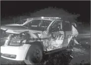  ?? Courtesy Photo/WASHINGTON COUNTY SHERIFF’S OFFICE ?? A Washington County Sheriff’s Office deputy’s cruiser was hit by an 18-wheeler while working a wreck early Friday morning on an icy Interstate 49 south of West Fork. No one was injured in the wreck.