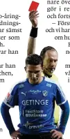  ??  ?? Halmstads Adnan Kojic fick sitt andra gula kort och visades ut av domaren Jonas Eriksson.