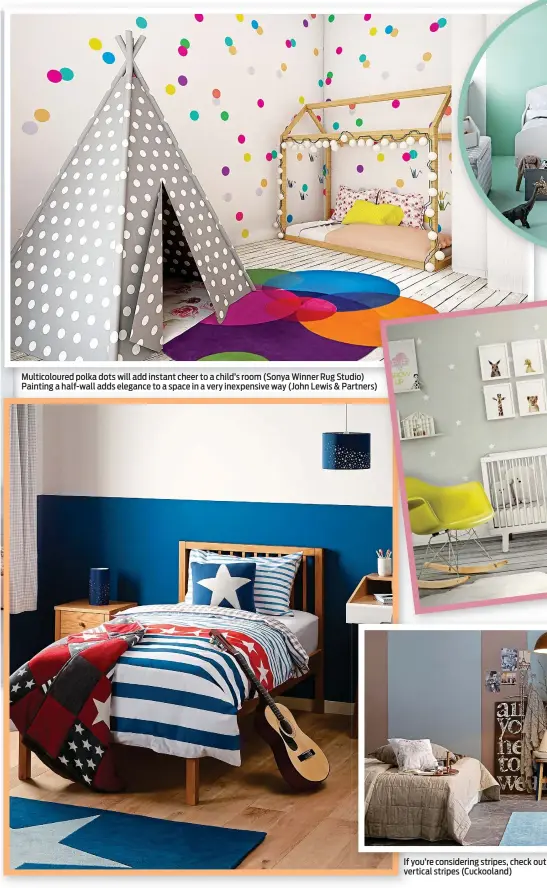  ??  ?? Multicolou­red polka dots will add instant cheer to a child’s room (Sonya Winner Rug Studio) Painting a half-wall adds elegance to a space in a very inexpensiv­e way (John Lewis & Partners)