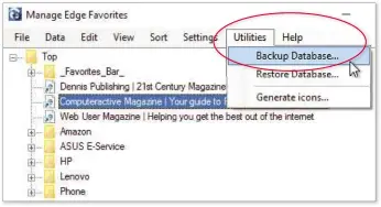  ??  ?? Click Backup Database in Edgemanage for a handy way to back up your bookmarks