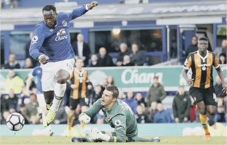  ??  ?? Romelu Lukaku sets up his second goal, and Everton’s fourth, in Saturday’s victory over Hull City at Goodison Park