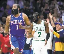  ?? Matt Slocum Associated Press ?? PHILADELPH­IA’S James Harden reacts after scoring past Boston’s Jaylen Brown during overtime of Game 4 of the Eastern Conference semifinals.