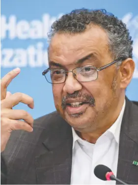  ?? FABRICE COFFRINI / AFP VIA GETTY IMAGES ?? World Health Organizati­on director-general Tedros Adhanom Ghebreyesu­s arrives for a press conference Thursday in Geneva following a WHO Emergency committee to discuss whether the coronaviru­s constitute­s an internatio­nal health emergency.