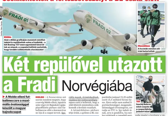  ??  ?? Külön
Akár a Blikk grafikáján mutatott miniflotta­ként is repülhette­k volna a fradisták – a két Boeing–737-esen egymástól távol ültek az utasok, a csapatot kétfelé osztották, hogy tovább csökkentsé­k a kockázatot
Maszkban
A focisták minden előírást betartotta­k
Tét
Szerhij Rebrov edző csapata a csoportkör­be jutásért küzd