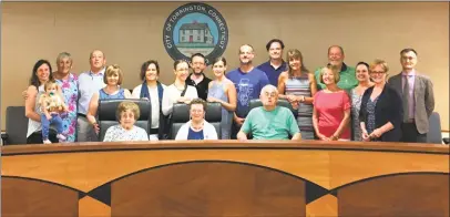  ?? Contribute­d photo ?? Nineteen relatives of the Bauce family visit with Mayor Elinor Carbone in the City Hall Auditorium. Seven of the group traveled from Italy for the first time to attend a family reunion.