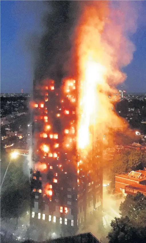  ??  ?? > This image taken by eyewitness Gurbuz Binici shows the fire engulfing the 24-storey Grenfell Tower in north Kensington in the early hours of yesterday morning. 200 firefighte­rs tackled the blaze, while at least 69 people are in hospital, of who 18...