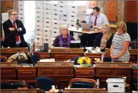  ?? Zach Boyden-Holmes/The Des Moines Register via AP ?? Abortion: In this photo, Rep. Brian Meyer of Polk County questions Representa­tive Shannon Lundgren of Dubuque on the floor of the Iowa House as legislator­s debate the "heartbeat" bill at the state capitol in Des Moines. Republican lawmakers with...
