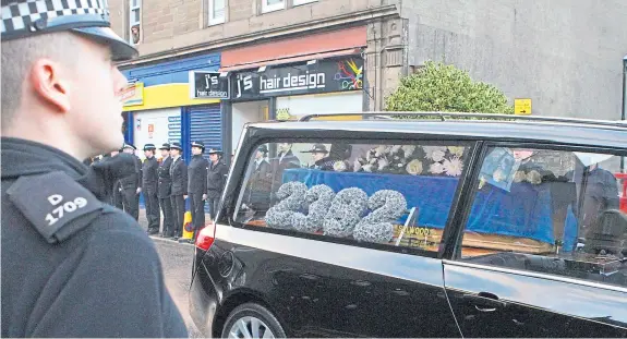  ??  ?? Top: The hearse carrying PC Dean Morrison’s coffin is driven through Carnoustie; police colleagues pay their respects, centre; and PC Morrison’s widow Emily arrives at Carnoustie Church for the funeral, above.