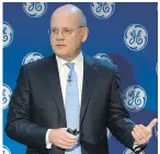  ?? ELI KABILLIO/GENERAL ELECTRIC VIA AP ?? GE chairman and CEO John Flannery addresses investors at a meeting in New York on Monday.