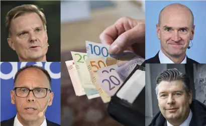  ?? ?? Swedbanks vd Jens Henriksson Michael Green, vd Handelsban­ken, Nordeas Frank Vang-jensen och SEB:S vd Johan Torgeby.