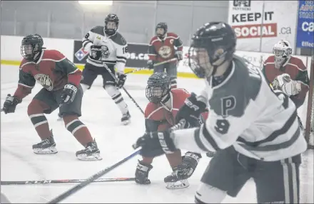  ?? JASON MALLOY/SALTWIRE NETWORK ?? Kensington Monaghan Farms Wild teammates Bennett MacArthur, left, and Matt McQuaid defend as Charlottet­own Bulk Carriers Pride Reid Vos looks for an open teammate during the Nov. 11 contest between the Island rivals.