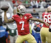  ?? MARCIO JOSE SANCHEZ / ASSOCIATED PRESS FILE ?? Former San Francisco quarterbac­k Colin Kaepernick, who led anthem protests early in the movement, is currently unemployed.