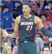  ?? CHRIS SZAGOLA/AP ?? Hassan Whiteside was limited to 12 minutes, 25 seconds in Miami’s 130-103 Game 1 loss.