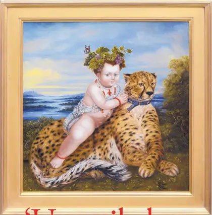  ??  ?? LEFT: “Baby Dionysus Riding A Cheetah” by Fatima Ronquillo, whose solo show opens tonight.