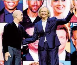  ?? ROBYN BECK AFP VIA GETTY IMAGES ?? Quibi CEO Meg Whitman and founder Jeffrey Katzenberg speak about their short-form video streaming ser vice at the 2020 Consumer Electronic­s Show.