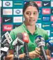  ??  ?? Matildas captain Sam Kerr fronts the media yesterday.