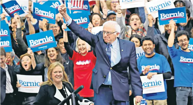  ??  ?? Bernie Sanders, whose platform includes healthcare funded by the government and higher taxes, is now the favourite to win the Democratic Party nomination
‘Let me say tonight that this victory here is the beginning of the end for Donald Trump’